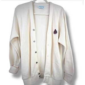 Vintage IZOD Cream Embroidered Grandpa Button Slouchy Oversized Cardigan Medium‎